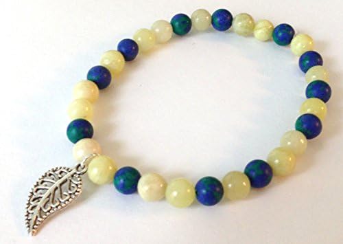 Synthetic Lapis Lazuli and Yellow Serpentine Gemstone Bead Leaf Charm Stretch Bracelet