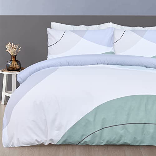 Sleepdown Oversize Geometric Panel Teal Blue Reversible Duvet Cover Quilt Pillow Cases Bedding Set Soft Easy Care - Super King (220cm x 260cm)