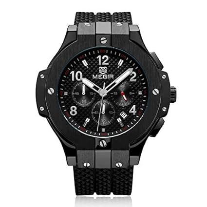 Gmarks Megir Elegant Design Analog Chronograph Sports Series Genuine PU Strap Watch -2050 Black