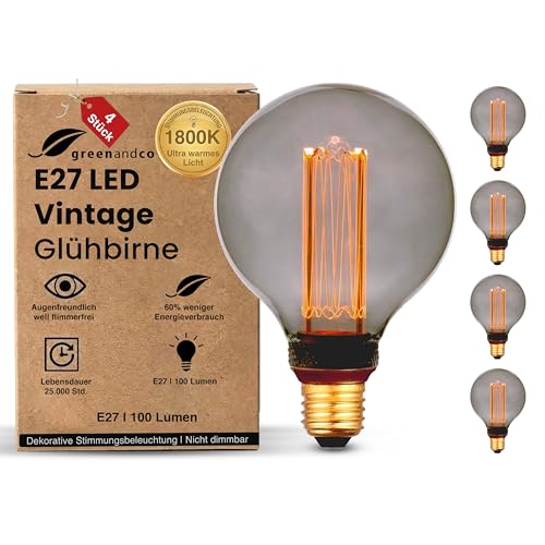 greenandco 4x Vintage Design LED Birne zur Stimmungsbeleuchtung | E27 G95 | smoke | 4W 100lm | 1800K extra warmweiß | 320° | 230V | flimmerfrei | nich