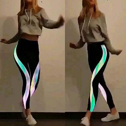 beiguoxu Women Sports Yoga Pants Iridescent Reflective Stripes Running Workout Leggings - Black L