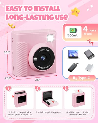 TIATUA Camara Fotos Infantil Instantanea, 2,4 Pulgada 1080P Cámara de Fotos Instantánea con Tarjeta de 32 GB y Papel Fotográfico, Regalo para Niños de 3 a 12 Años