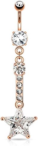 Dangle Star CZ with Clear Gem Pink Rose Tone 316L Surgical Steel Navel Ring Body Jewelry