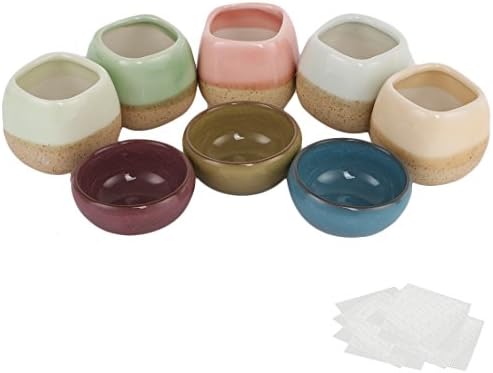 Happy Bonsai 8 Mini Ceramic Pots Small Succulent Planters + 8 Mesh Screens