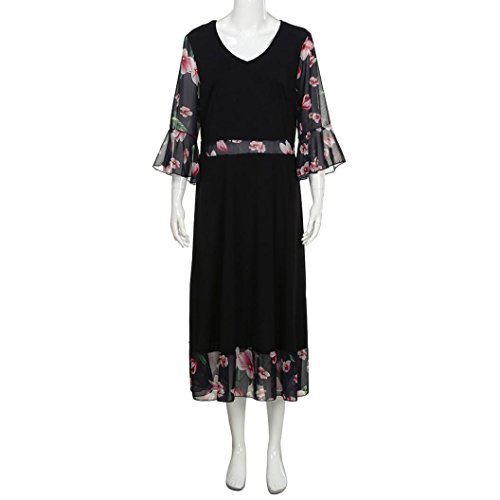 Women's Vintage Prom 3/4 Sleeve Chiffon Floral Print V Neck Cocktail Party Plus Size Swing Dress (Black, XL) - Thumbnail 4
