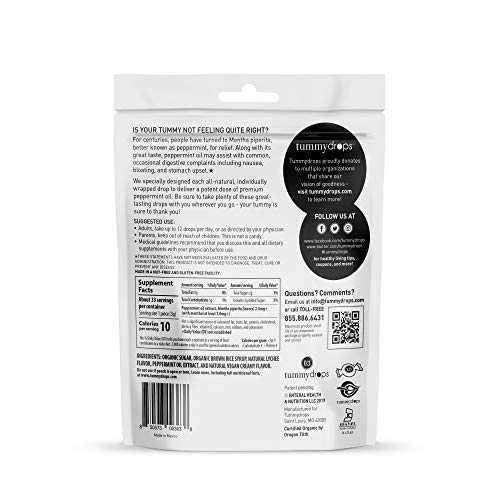 Oregon Tilth Certified Made with Organic Ingredients Sweet Lychee Peppermint Tummydrops (Resealable Bag with 33 Individually Wrapped Drop