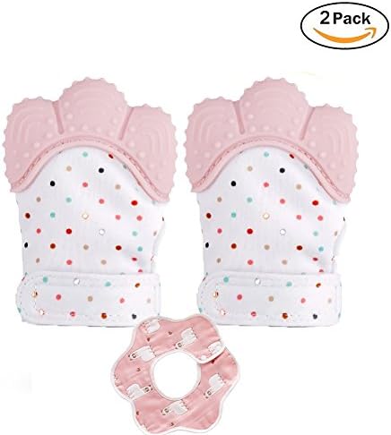 Infant Teething Mitten Baby Soother Glove - 2 Piece of Glove Teether Toy and 1 Baby Bibs for Newborn Teething Relief Suitable for Age 3-12 Months (Pink)