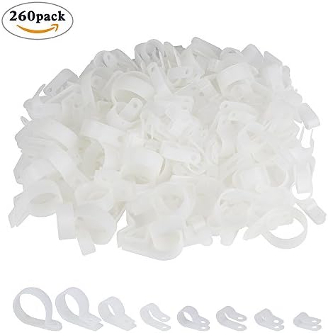 260 Pcs White Nylon R-Type Cable Clamp Fastener Wire Clamp Clips Cable Cord Clip Fixer with 8 different Size for Wire Management