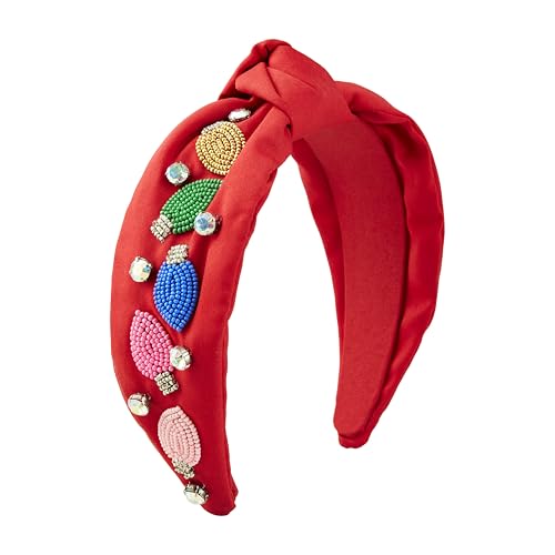 Mud Pie Women Holiday Beaded Headband, Red, outer width 3" | knot height 1 1/4"