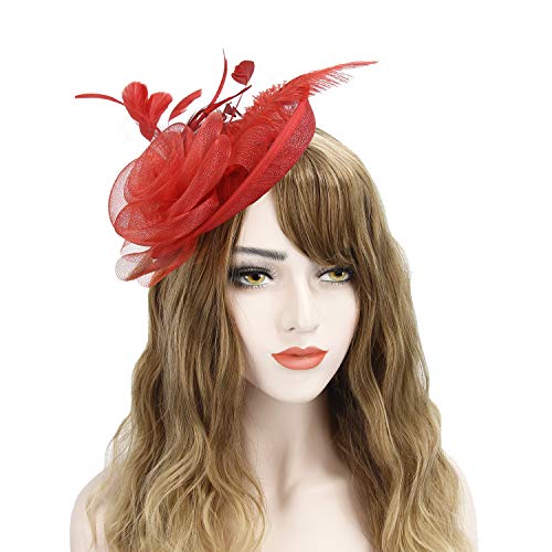 Acecharming Fascinators for Women, Feather Sinamay Fascinators with Headbands Tea Party Pillbox Hat Flower Derby Hats(Red-02)