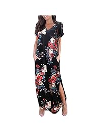 Pongfunsy Vestido largo de bolsillo holgado informal para mujer Vestidos largos de manga corta Split Vestido largo de fiesta con estampado floral (FBA)