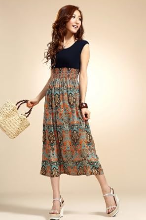 Amazon Co Jp ノースリーブ マキシ ロング ワンピース アジアンテイスト レトロエスニック ハイウエスト 切り返し シフォン レッド 服 ファッション小物