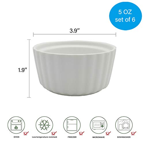 BonNoces 5 Ounce Porcelain Ramekins/Souffle Dishes - Elegant Matte Color Baking Cup for Pudding, Ice Cream and Creme Brulee - Set of 6 (White)