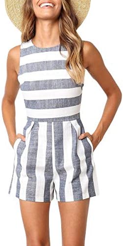 Avanova Women Striped Jumpsuit Sleeveless Short Pants Casual Printed Romper with Pockets