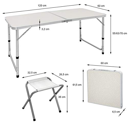 ECD Germany Kampeertafel set met 4 krukken - 120 x 60 x 55/63/70 cm in hoogte verstelbaar - inklapbaar - wit/crème… - Image 8