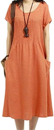 XIAFEIMANTIAN Solid Color Soft Cotton Linen Dress Short Sleeve Plus Size Loose Casual Dress