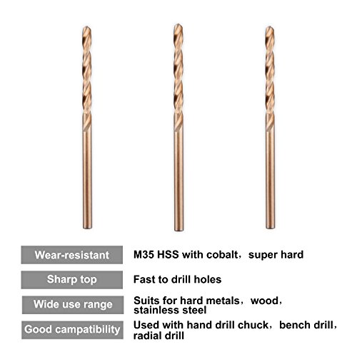 1/8" M35 Cobalt HSS Jobber Length Twist Drill Bit with Straight Shank,Heavy Duty, Pack of 10 PCS, Drilling for Cast Iron, Heat-treated Steel, Stainless Steel and Other Hard Materials