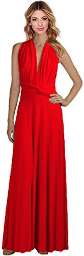 Dating Date Convertible Multi Way 6 Use Deep V Neck Formal Slim Maxi Dress Red Large