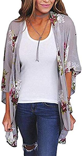 Women's Beach Cover Up Floral Print Chiffon Summer Swimwear Kimono Cardigan