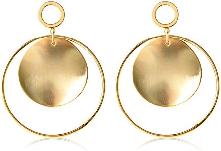 Women Round Hoop Dangle Earrings with Wavy Disc Gold Plated, Stainless Steel Earrings Stud Pin