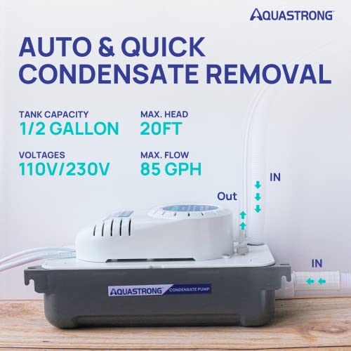 Aquastrong 1/38 HP 85 GPH HVAC Condensate Pump, 115V/230V, Automatic Safety Switch, 20 FT Lift AC Condensate Removal for Air Conditioner, Furnace, Dehumidifier, 3.3' Power Cord