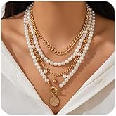Octwine 4Tier Gold Pearl Choker Necklace for Women Layered Gold Simple Pearls Necklace Stackable Multilayer Gold Chunky Cuban Chain Necklace Gold Coin Pendant Punk Bar Prom Necklace for Women