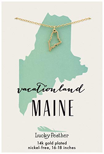 Lucky Feather Maine Shaped State Necklace, 14K Gold-Dipped Pendant on Adjustable 16