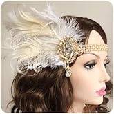 Chmier Bridal 1920s Flapper Feather Headband with Crystal Pearl Head Chain White Feather Roaring 20s Headpiece Prom Party Festival Hair Jewelry for Women