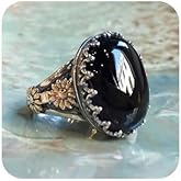 LRGKMCWTOB Jewelry Making Supplies Turkish Handmade 925 Sterling Silver Black Onyx Stone Ring for Men Women Vintage Style Gemstone Hand Carved Black Agate Gem Silver Ring