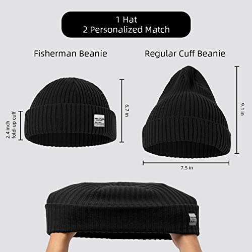 ZOWYA MENS WINTER KNIT BEANIE HAT, RIB WATCH CAP SKULL CAP WINTER SKI HAT FOR DAILY, 1 HAT 2 STYLE (BLACK)
