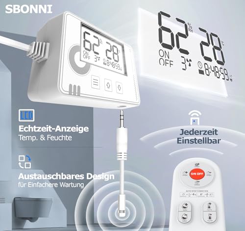 SBONNI 3 Levels Bathroom Fan with Humidity Sensor Temperature Sensor Timer, Bathroom Fan 100 mm with Remote Control, Real Time Display Humidity and Temperature, Powerful Quiet Extractor Fan P109