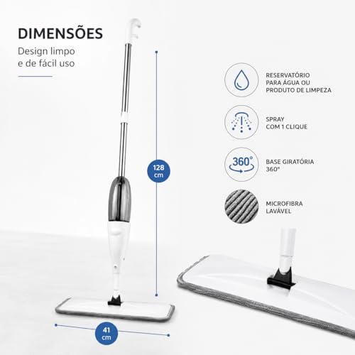 Rodo Spray com Reservatório de Água e Refil Microfibra Ultra Absorvente; Mop de Limpeza para Piso, Porcelanato e Laminado; Limpeza Prática Sem Balde