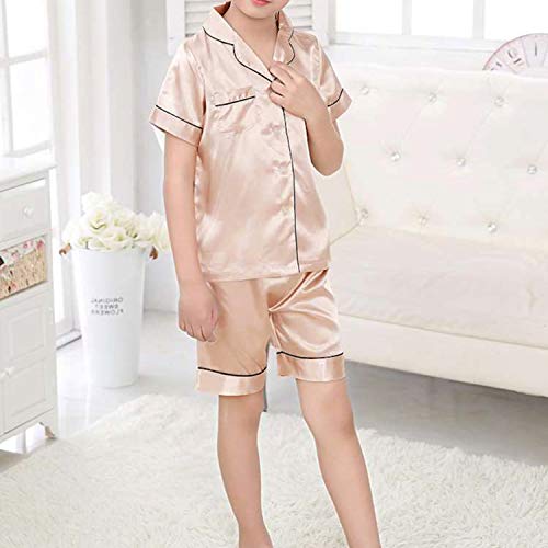 Kids Satin Pajamas Set Pjs Short Sleeve Button-Down Sleepwear Loungewear Set Girls Boys Pajamas Set Champagne