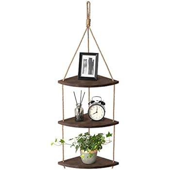 Mkono Hanging Corner Shelf 3 Tier Jute Rope Wood Wall Floating Shelves Rustic Organizer Displays Storage Rack Home Decor For Living Room Bedroom