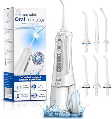 High-Power Cordless Water Flosser for Teeth Cleaning: IPX7 Waterproof Oral Irrigator with 4 Cleaning Modes, Including Sensitive Mode for Gentle Gums – Rechargeable 6 Replacement Tips Included