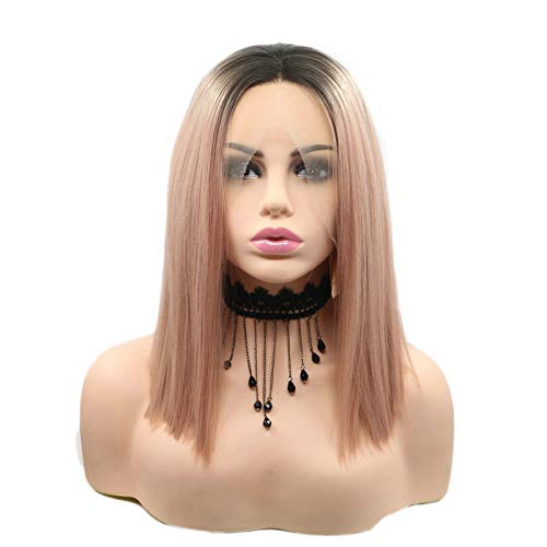 Dark Roots To Pink Straight Short Bob Hair Drag Queen Wig Middle Part Synthetic Lace Front Wigs For White Women Cosplay/Holiday High Temperature Fiber — image 1