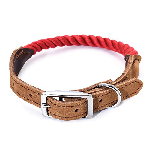 Mile High Life | Premium Cotton Rope Dog Collar | Stainless Steel Pin Buckle Ring Dog Collar | Genuine Leather Belt Collar | for Medium Dog Large Dogs(Red Small Neck 11″-14″ -20 lb)