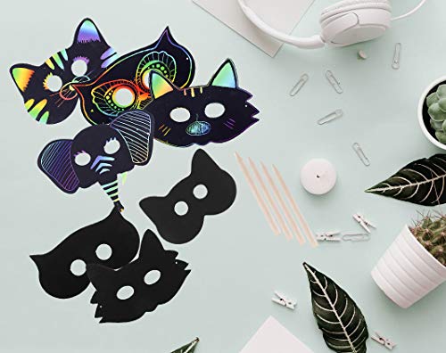 Fashionclubs Scratch Art Paper Rainbow Scratch Animal Masks,Owl Rabbit Tiger Wolf Bear Squirrel Fox Elk Elephant 36pcs Magic Scratch Paper Masks with Elastic Cords&Wooden Styluses for Kids Dress Up Costume Party Favors - Thumbnail 4