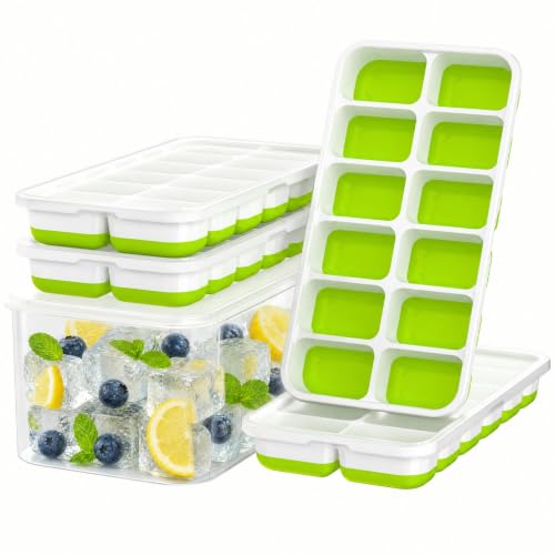 Ice Cube Tray with Lid and Bin - 4 Pack 48 Cubes Stackable Freezer Mold