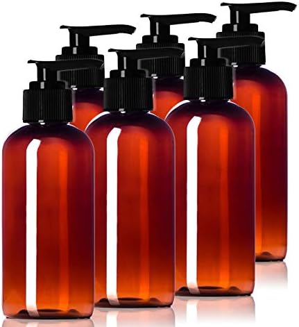 4oz Plastic Amber Bottles (6 Pack) BPA-Free Squeeze Containers with Pump Cap, Labels Included