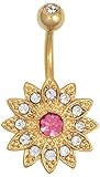 14KT Gold Plated 316L Surgical Steel Pave CZ Simulated Diamond Crystal Sun Flower Belly Ring
