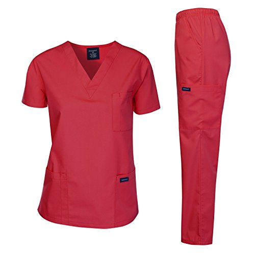 Dagacci Medical Uniform Woman and Man Scrub Set Unisex Medical Scrub Top and Pant, RED (Medium)