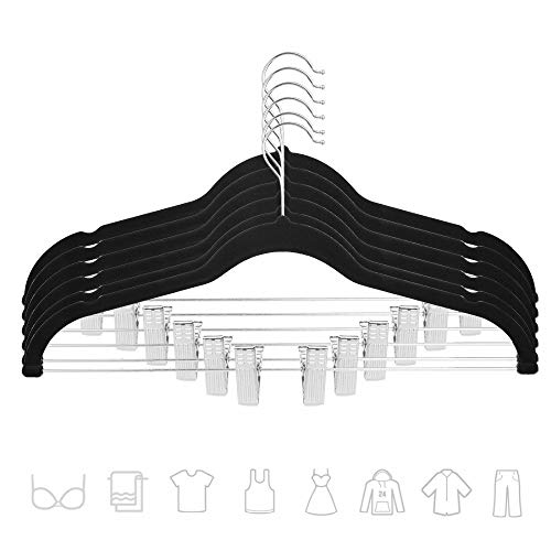Premium Quality Velvet Clip Hangers (Set of 26) Ultra Thin No Slip Hangers Great for Skirts, Dresses, Suits, Shirts & More - Swivel Hooks, Stronger Than Standard Hangers - Space Saving Hangers - Black