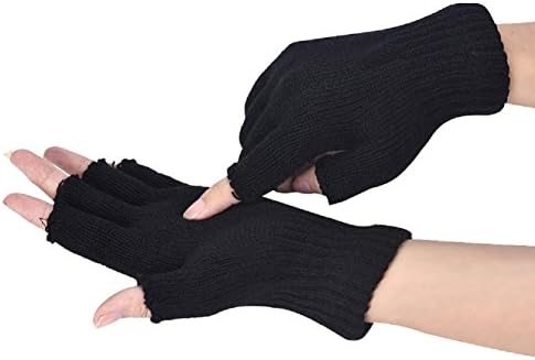 Moonfully Men Black Knitted Stretch Elastic Warm Half Finger Fingerless Gloves