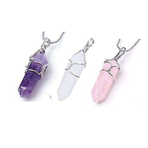 Gemstone Pendant Necklace 3 Pcs,Haluoo Hexagonal Prism Crystal Pendant Necklace Women Amethyst Pink Crystal White Crystal Healing Pendant Necklace Long Ball Chain Women Jewelry (Purple,Pink, White)