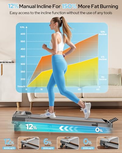 Walking Pad Treadmill with 12% Incline & Handle Adjustable Height, 3.5HP Foldable Walking Pad Treadmills for Home Office Small, One-Click Mute, Remote & APP, 350lbs, 6 HIIT Programs