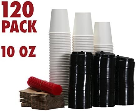 120 Paper Coffee Hot Cups with Lids, Stirrers, Sleeves, Disposable Travel Cups - 8oz 10oz 12oz or 16 ounces - Great for Office, Car, Hot Beverage To Go Cup Mug, White Paper Cup (Black Lids, 10 Ounces)