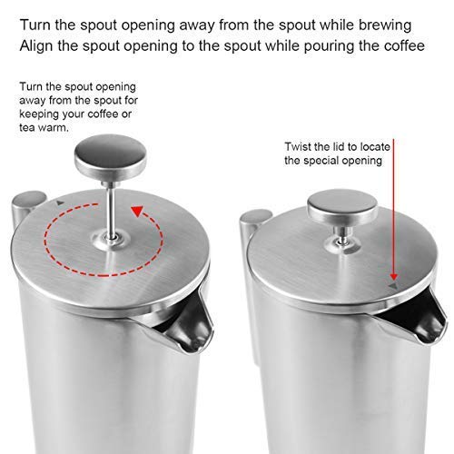 French Press Coffee Maker Double-Wall 18/8 Stainless Steel Coffee and Tea Maker, Bonus Stainless Steel Screen and Coffee Powder Spoon, 34OZ - Thumbnail 6
