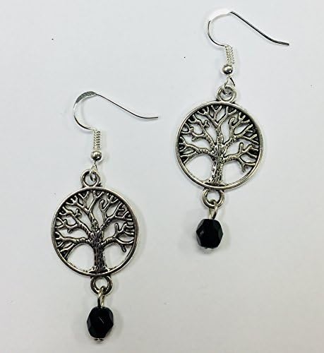 Tree of life earrings with jet faceted crystal accent bead drop, on sterling silver earwires