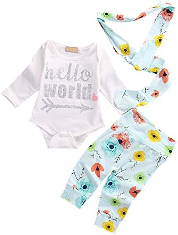 Baby Girls 3 Pieces Set Long Sleeve Bodysuit Floral Pants Hello World Outfits Cotton with Headband (0-3 Months, BlueB)